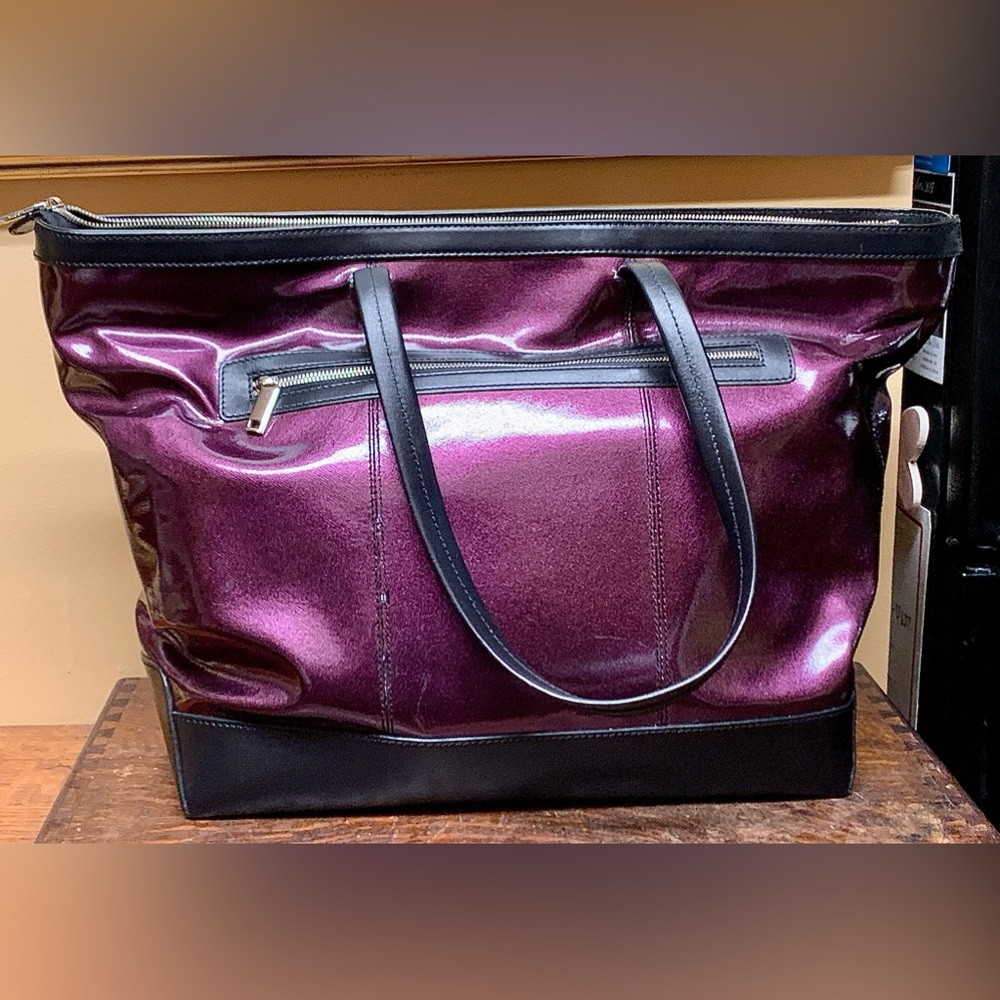 LODIS Black Leather Purple Aluminum Flash Laptop Tote Overnight Handbag Purse